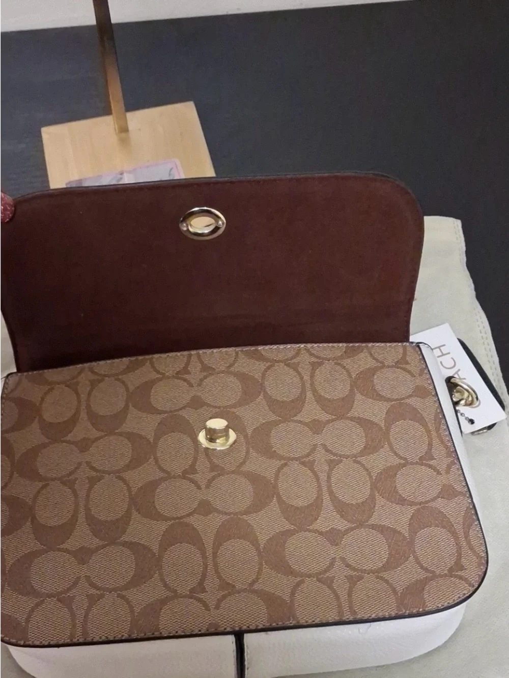 Coach Two-Tone Signature Gold Chain Turn-lock Crossbody Bag Brown & Tan NWT
